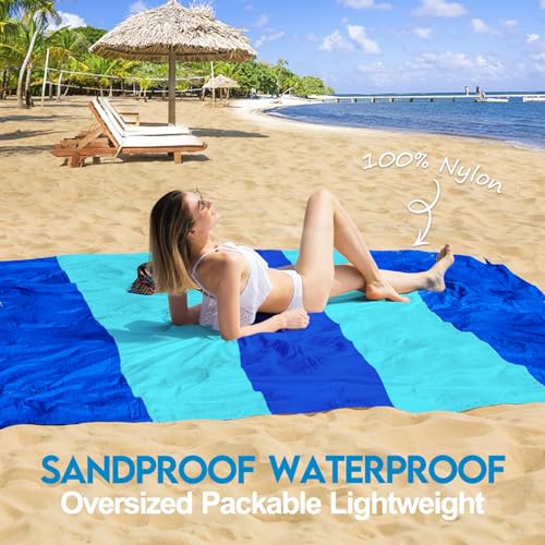 BYDOLL Nylon Beach Blanket Waterproof Sandproof 78''x110'' Suits 1-7 Adults Oversized Sand Free Extra Large Blanket Lightweight Soft Picnic Mat for Beach Essentials - color: Blue Mix, size: 78''x 110''