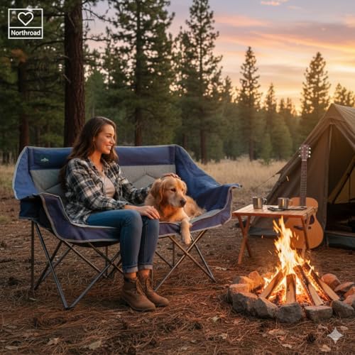 Northroad Folding Loveseat Camping Chair Portable Double Duo Full Padded Garden Chair for 2 Person Sofa w/ 2 Cup Holder,Wine Glass Holder,Mesh Storage,Support 500lbs for Picnic Beach Travel(Blue) - color: Blue&grey