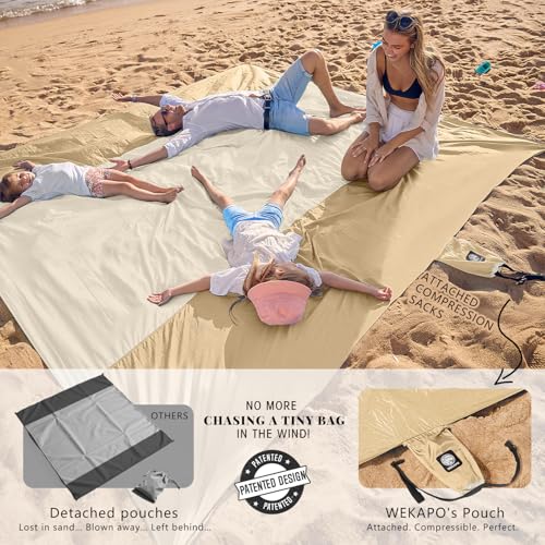 WEKAPO Beach Blanket Sandproof Waterproof, Extra Large Beach Mat, Oversized & Compact Sand Free, Quick Drying Beach Essentials for Vacation, Cruise, Picnic & Camping with Stakes - color: Beige, size: 9x7 FT (1～5 person)