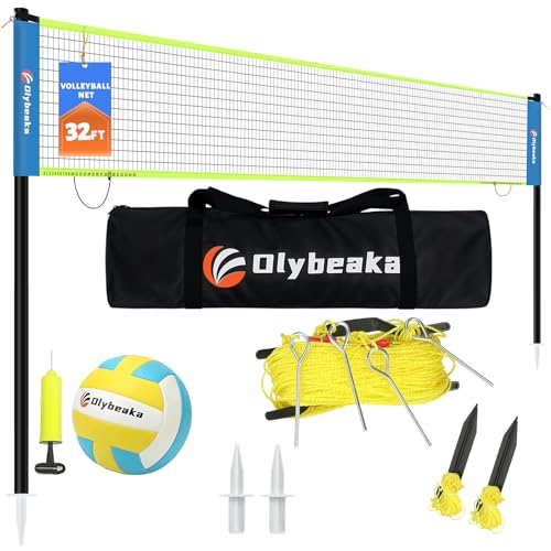32ft Regulation Size Portable Outdoor Volleyball Net Set System for Backyard Beach with Height Adjustable Poles, PU Volleyball and Pump, Carry Bag, Boundary Line - Easy Set Up & Anti-Sagging - color: Blue and Green