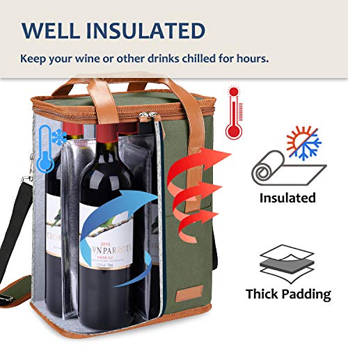 Tirrinia 6 Bottle Wine Gift carrier - Insulated & Padded Wine Carrying Cooler Tote Bag with Handle and Adjustable Shoulder Strap for Travel or Picnic, IDEAL Wine Lover Gift, Oliver - color: Olive