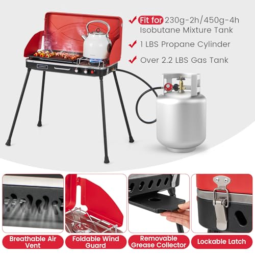 HAPPYGRILL Portable Camping Stove, 2-Burner Propane Grill Cooker with Removable Leg Stand, Roast Grill, Dual Control Knobs, Wind Guards, Outdoor Gas Grill for Camping BBQ Picnic, Red - color: Red