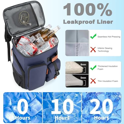 BAGPARKK Insulated Cooler Backpack,33/45 Cans Multifunctional Double Deck Leakproof Cooler Bag with Sternum Strap,Large Capacity Lightweight Travel Camping Beach Backpack - color: Blue, size: 33Can