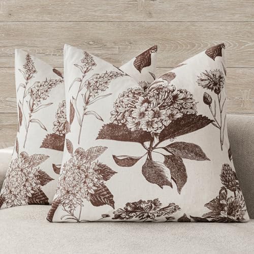Foindtower Set of 2 Linen Floral Throw Pillow Covers Neutral Vintage Print Decorative Cushion Covers Farmhouse Boho Home Decor for Sofa Chair Couch Bedroom Living Room,18×18 Inch,Dark Brown - color: Dark Brown, size: 18" x 18" (Pack of 2)