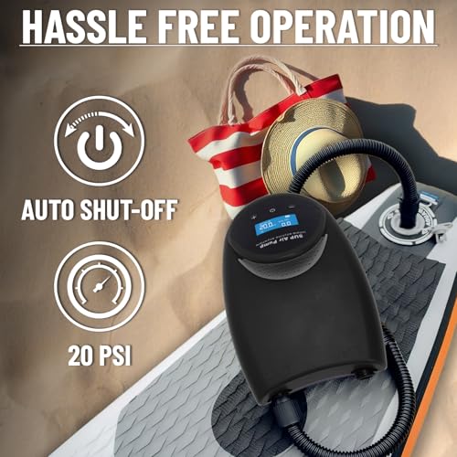 Tonsim Rechargeable Paddle Board Electric Pump, 20 PSI SUP Pump with 4 Preset Modes, Dual-Stage Inflation & Deflation, 12V DC Car Connector, Auto Shut-Off for Paddle Boards, Kayaks and Tents - color: Black