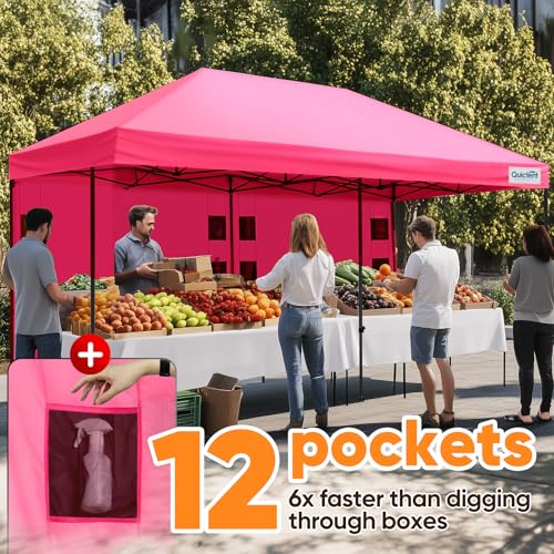 Quictent 10x20 Heavy Duty Pop up Canopy Tent with 3 Removable Sidewalls, Commercial Grade Instant Shelter with Wheeled Bag for Outdoor, Parties, Markets, 600D PU Coated UPF 50+ Sun Shield - color: Pink, size: 10x20
