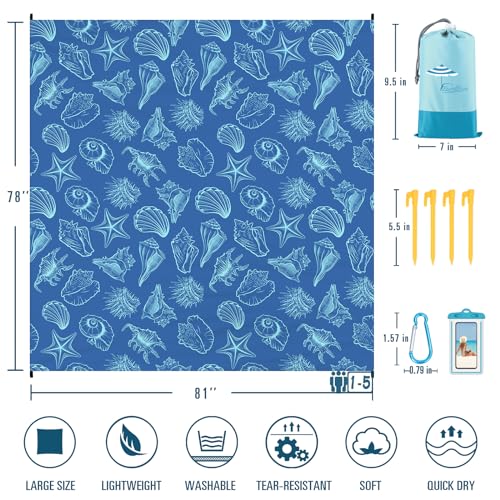 Famstar Beach Blanket Sandproof Waterproof 78''×81''1-5Adults Oversized,Compact Lightweight Durable Beach Mat for Travel Camping Hiking Picnic Blanket - color: Shell, size: 78''×81''