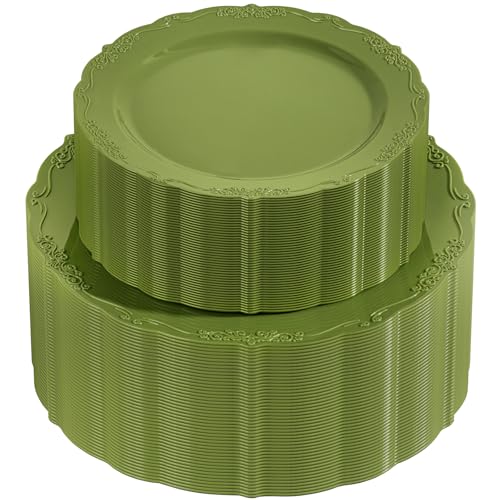 U-QE 100PCS Olive Green Plastic Plates - Plastic Green Plates Disposable Heavy Duty - Olive Disposable Plates for Party Including 50PCS 10'' Dinner & 50PCS 7.5'' Dessert Plate - color: Green