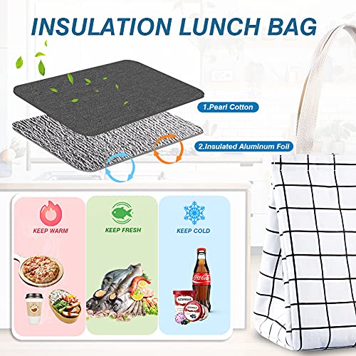 iknoe Insulated Lunch Bag for Women & Adults, 9L Foldable Wide-Open Cooler Bag with Pockets, Leakproof & Portable, for Picnic, Office, Beach(White grid) - color: White Plaid, size: Velcro Closure