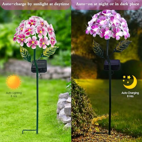 Solar Hydrangea w/26 LED Lights, Metal Ground Stake, 3 Colors - Pink - color: Pink