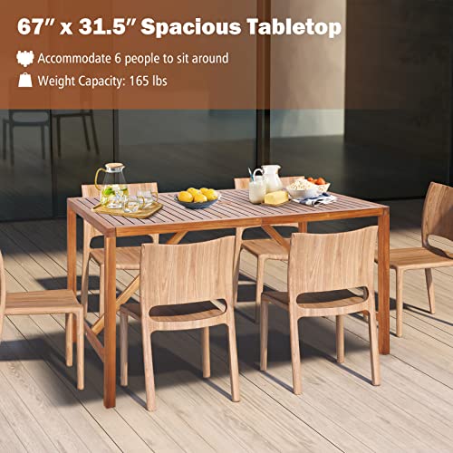 Tangkula 67" Acacia Wood Outdoor Dining Table for 6, Rectangle 6-Person Patio Table with 2" Umbrella Hole & Spacious Slatted Tabletop, Indoor Outdoor Dining Furniture for Deck, Garden, Poolside & Yard - size: 67"