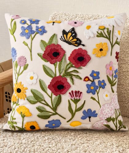 Embroidered Throw Pillow Cover 18x18 Inch - Spring Summer Boho Decorative Pillow Cover with Zipper for Living Room Couch Sofa Bed Aesthetic Design Retro Flower Cushion Pillowcase - color: Retro Flower, size: 18" x 18" (Pack of 1)