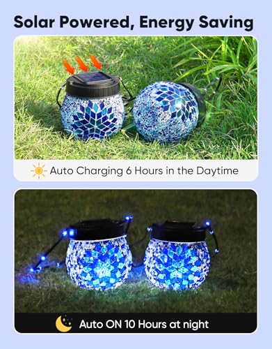 Mosaic Solar Lights Outdoor 2 Pack, Solar Hanging Lanterns Christmas Halloween Gifts for Women Mom Grandma, Waterproof Glass Globe Lights, Garden Patio Decor for Yard, Tree, Balcony, Cold - color: Blue, size: 2