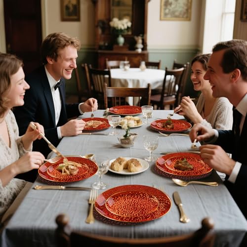 DaYammi 175PCS Clear Red Plastic Dinnerware Set, Hammered Disposable Plates for Mother's Day Party, Include: 25 Dinner Plates 25 Dessert Plates 75 Gold Silverware 25 Napkins 25 Cups for Wedding - color: Clear Red, size: 175 Pcs