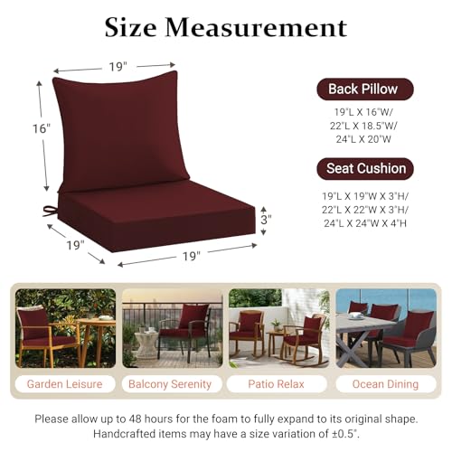 downluxe 19x19 Outdoor Chair Cushions, Waterproof Fade Resistant Patio Furniture Cushions with Handle & Removable Cover, Deep Seat Outdoor Cushions for Sofa, Couch and Patio Chairs, Burgundy - color: Burgundy, size: 19 x 19 Inch