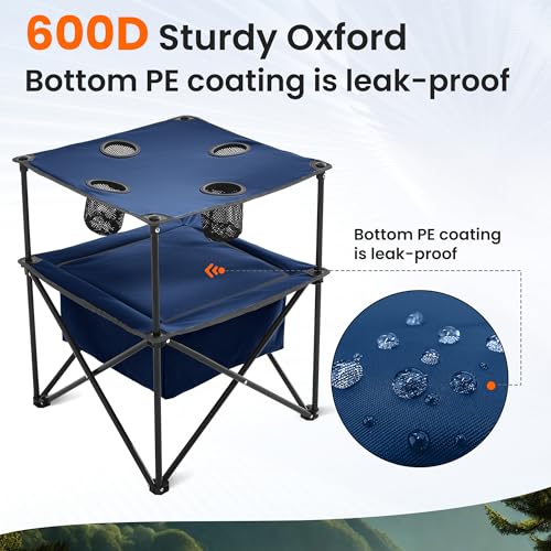 Portable Outdoor Folding Camping Table with 4 Cup Holders & Cooler Compartment, Waterproof Picnic Table for Picnic, BBQ, Beach, Hiking (Navy Blue) - color: Navy Blue