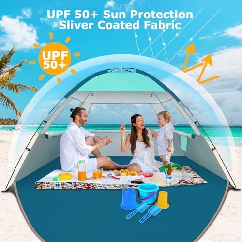 COMMOUDS Beach Tent Sun Shade for 3/4/6/8 Person, UPF 50+ Beach Sun Shelter Canopy Tent, Lightweight, Easy Set Up and Carry - color: Turquoise, size: 3 Person