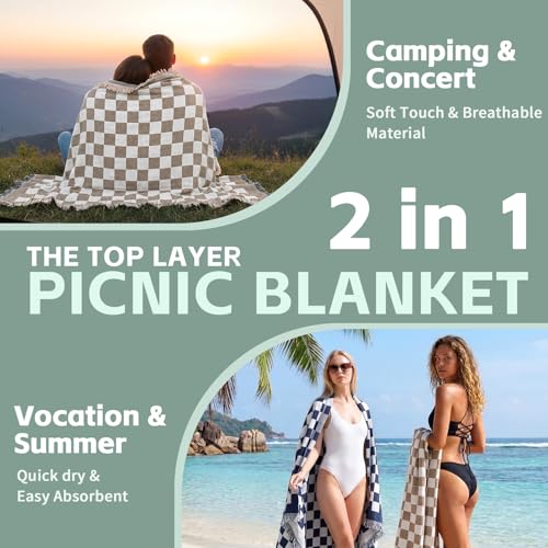 2 in 1 Extra Large Boho Beach Blanket Towel Sand Free Outdoor Picnic Mat Giant Oversized Xl Big Jumbo Huge Turkish Woven Throw Cloud Summer Vacation Essential Travel Must Have Accessories Women Gift - color: Checkered Brown
