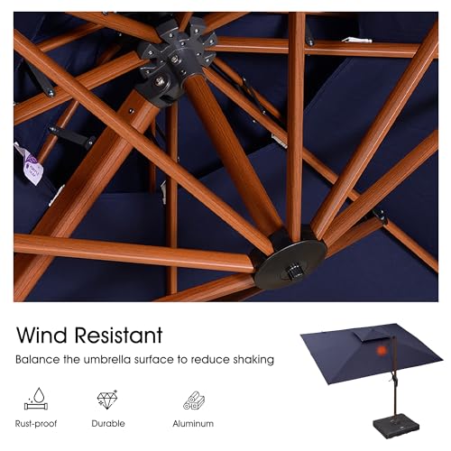 PURPLE LEAF 9' X 12' Double Top Deluxe Wood Pattern Rectangle Patio Umbrella with Base Offset Hanging Umbrella Outdoor Market Umbrella Garden Umbrella, Navy Blue - color: Navy Blue, size: 9'X12', style: Base Included