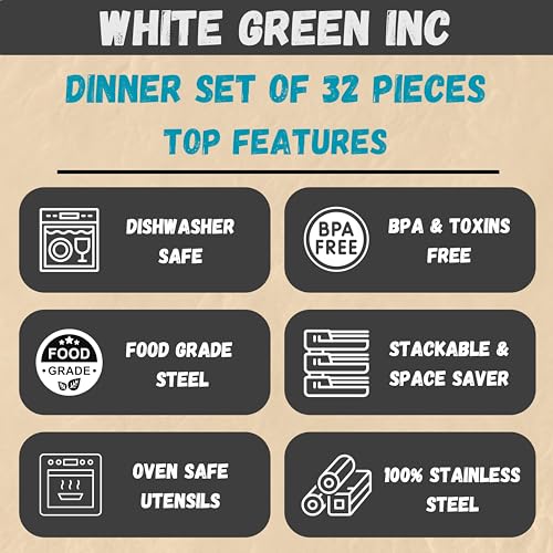 Stainless Steel Dinnerware Set of 32 Pcs (Dinner Plates, Cups, Dishes, Bowls) Metal Dinnerware Sets, Dishwasher Safe, Reusable Dinner Set for Home Kitchen Camping - Service for 4