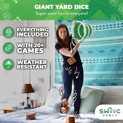 SWOOC Games - Yardzee, Farkle, & 20+ Giant Dice Games - Yard Dice (All Weather) with Bucket, Scorecards, & Marker - Giant Outdoor Game - Large Yard Game for Adults - Big Jumbo Die Set with Bucket - color: Green, size: 3.5" Dice