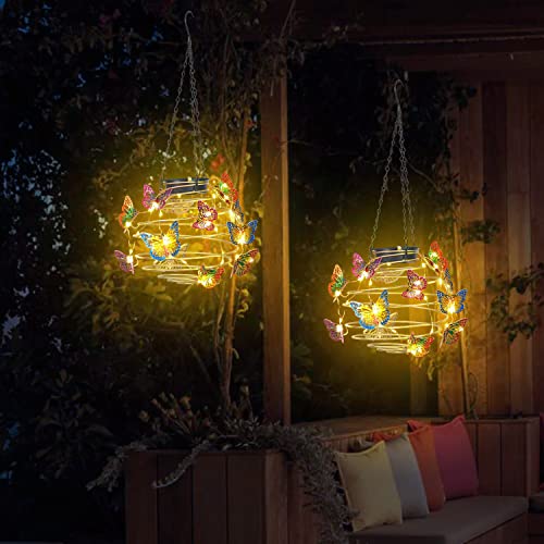 2 Pack Butterfly Solar Lights Outdoor Hanging Lantern with Handle, Solar Powered Butterflies Garden Decor for Outside Patio Yard Porch Pathway Butterfly Gifts for Women (Warm White LED Lights) - color: butterfly lantern