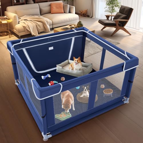 XVISHX 42x42 Inches Puppy Playpen with Gate, Dog Playpen for Puppies or Small Dogs, DogFence Pet Playpen for Indoor & Outdoor, Sturdy Safety DogPen with Thickened Fabric, High-Strength Nylon Wire Mesh - style: Without Cover
