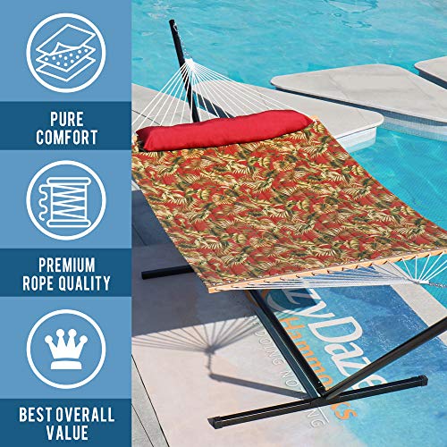 Lazy Daze Hammocks 12FT Quilted Fabric Hammock with Soft Pillow, Double 2 Person Tree Hammock with Spreader Bar for Outside Patio Poolside Backyard Beach, 450 lbs Capacity, Red Leaf - color: Floral Red