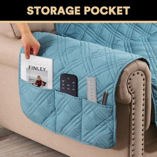 PrinceDeco 100% Waterproof Loveseat Covers for 2 Cushion Couch Sofa Covers Waterproof and Washable Sofa Slipcover with Side Pocket Furniture Protector with Elastic Straps(Loveseat 48", Smoke Blue) - color: Smoke Blue, size: Loveseat