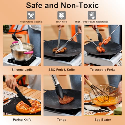Camping Accessories Kitchen Cooking Utensils Set, Portable Outdoor Camp Cookware Set, Silicone Camper Essentials Gear Must Have Supplies for Travel RV BBQ Grill Picnic Hiking