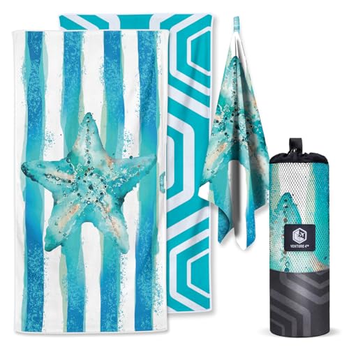 VENTURE 4TH Microfiber Beach Towel: Quick-Dry, Compact, Sand-Free, Absorbent, Sandproof and Lightweight - Perfect for Camping, Beach, and Roadtrips (Striped Starfish Design | 35x78 inches) - color: Striped Starfish, size: Extra Large (78" x 35")