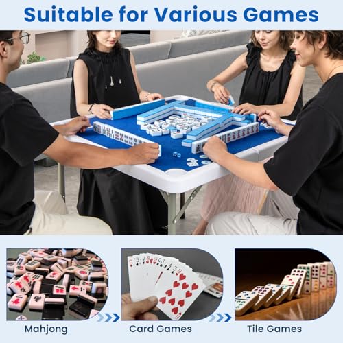 Goplus Mahjong Table, 35" Square Folding Card Table w/4Cup Holders, Anti Slip Mat, HDPE Tabletop, Metal Legs, Portable Mahjong Game Table for Domino Game, Picnic (Navy, Table w/Removable Mat) - style: Navy, Table w/Removable Mat