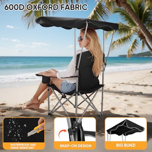 Northroad Folding Camping Chairs with Canopy Shade, Beach Chair w/Cup Holders, Armrests & Carry Bag for Outdoors Travel Sports Fishing, Black - color: Black