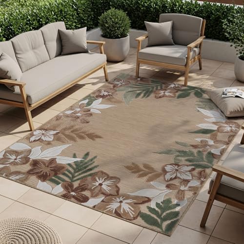 Outdoor Rug 10x14 Washable Area Rugs Indoor Outdoor Carpets Beige Border Floral Non Shedding Waterproof Easy Clean Patio Deck Porch Living Room Bedroom Garden RV (10 X 14 Beige) - color: 1-beige, size: 10' x 14' (Rectangular)