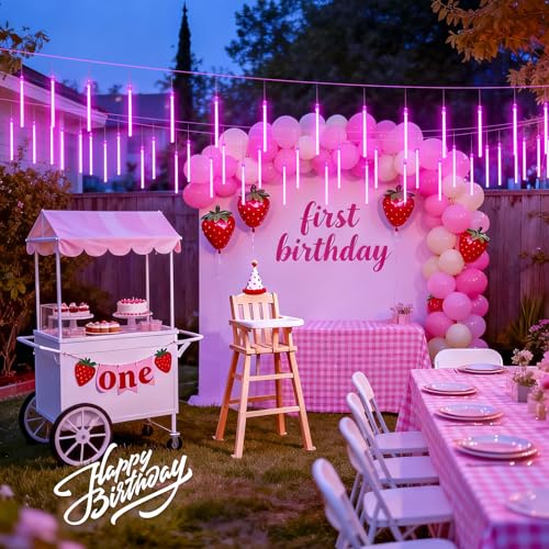 JMEXSUSS Pink Valentine Lights Outdoor, 8 Tube 144 LEDs Solar Meteor Shower Lights Outdoor, Solar Christmas Lights for Tree Eave Holiday Party Patio House Wedding Valentine's Day Decor - color: Pink, size: 1*144LED