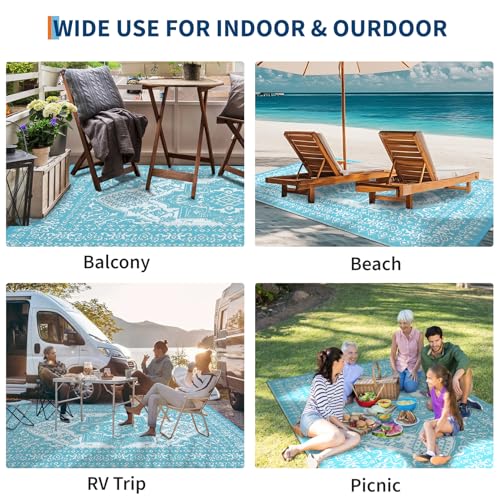 GarveeLife Waterproof Outdoor Rug for Patio 9x12 Reversible Outdoor Plastic Straw Rug, Vintage Medallion Carpet, RV Mat for Deck, Balcony, Camping, Beach, Picnic, Light Blue and White - color: Medallion|light Blue, size: 9' x 12' (Rectangular)