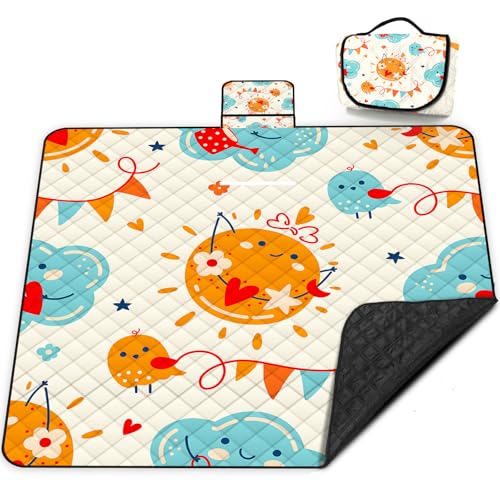 Poedist Extra Large Picnic Blanket Waterproof,80"x 80"Foldable Machine Washable Beach Blanket,Outdoor Blanket for 6-8 Adults,Suitable for Indoor Crawling,Park Beach,Camping,Hiking,Family Travel(Sun) - color: Yellow Sun, size: 6'8" x 6'8" (Square)