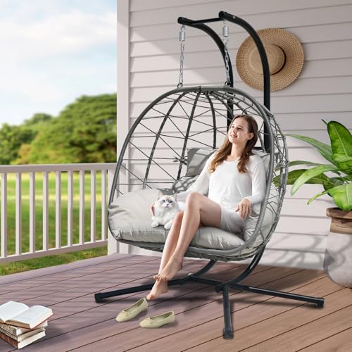Double Egg Swing Chair with Stand - 2 Person Hammock Egg Chair for Outdoor, Patio, Garden & Balcony - Heavy-Duty Steel Frame, All-Weather Pe Rattan & Uv-Resistant Cushions (Grey) - color: Grey