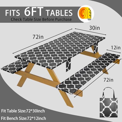 Fitted Picnic Table Cover with Chair Covers Elastic Water Resistant Camping Tablecloth for 8 Foot Rectangle Tables Garden Patio Outdoor Organization Road Trip Hiking Motorhome Essential Gift - color: Black Moroccan, size: 96" x 30" (Rectangular)