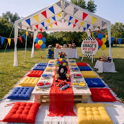Extra Large Outdoor Picnic Blanket with Table Runner and Floor Pillow Cushion for Picnic Wedding Birthday Baby Shower Backyard Decor(91 x 71'',Deep Blue,Red,Lemon Yellow,8 Pcs) - color: Deep Blue,red,lemon Yellow
