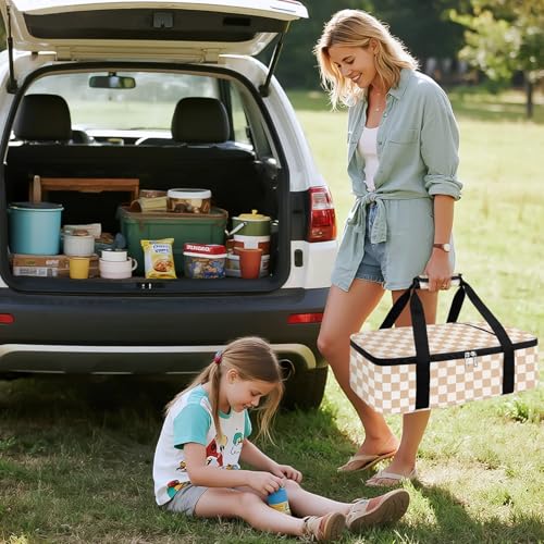 Coobiiya Insulated Casserole Carrier,Lasagna Lugger Tote Keeps Food Hot or Cold,Thermal Lunch Bag Warmer & Cooler Carrier Bag,Portable Tote Bag Fits 9" x 13" Baking Dish for Picnic and Cookout - color: Beige Grid, size: Single Layer: 15.75 × 11.8 × 4.7 in