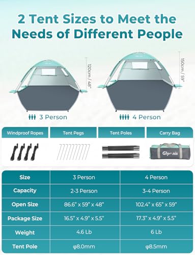 Glymnis Beach Tent Sun Shelter for 4 Person with UPF 50+ UV Protection, Lightweight & Easy Setup Beach Shade Canopy with Vent Windows & Zippered Door - Green - color: Green, size: 4 Person
