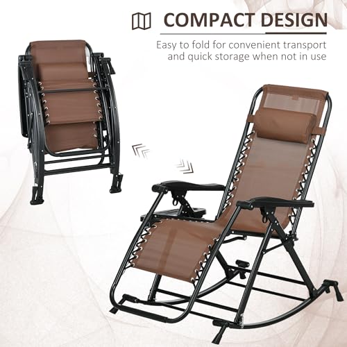 Outsunny Set of 2 Outdoor Rocking Chairs, Foldable Reclining Zero Gravity Lounge Rocker with Pillow, Cup & Phone Holder, Combo Design with Folding Legs, Brown - color: Brown, size: 2 Packs