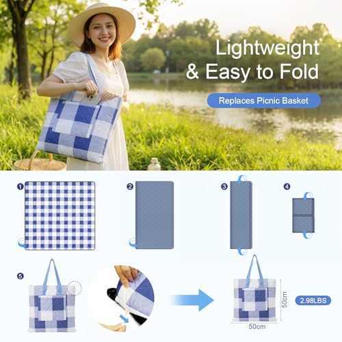 2 in 1 Tote Picnic Blanket Waterproof Outdoor Camping Mat,Large Capacity Beach Blanket 80''x80'' 7 Layers Easy to Foldable and Carry. - color: Bluecheck