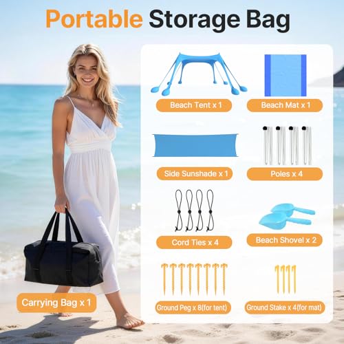 HOPERAN Beach Tent Sun Shelter, UPF50+ UV Protection, 10x10FT Pop Up Shade Beach Canopy Windproof for Outdoor Camping, Fishing, Picnics with 8 Sandbags, 1 Beach Mat, 1 Sideshade, 4 Stability Poles - color: 10x10 FT Sky Blue