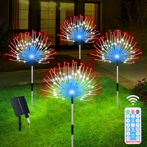 Slyuexu Solar Garden Lights Outdoor, 4 Pack Total 480 LED Solar Firework Lights Decorative 4th of July Decoration, Outdoor Waterproof Lights for Outside Yard Garden Pathway Decor - color: American Color, size: 4 Pack