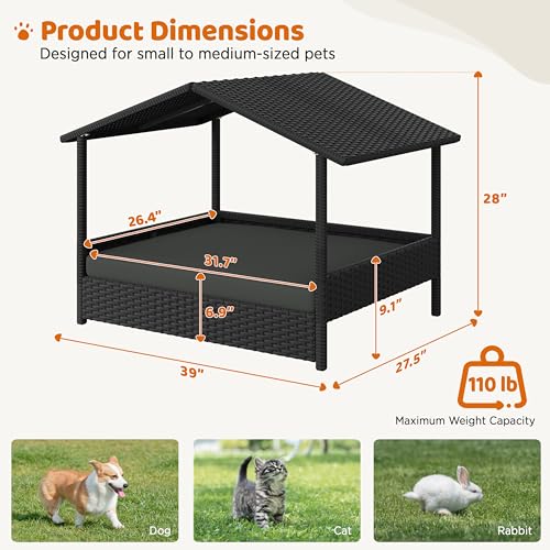 Yaheetech Wicker Dog House Outdoor Indoor with Canopy, Elevated Dog Shelter Dog Bed with Cushion for Small/Medium Dogs, Shade for Deck, Patio, Yard, Pool, Black House, Gray Cushion