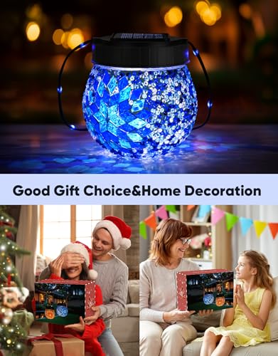 Mosaic Solar Lights Outdoor 2 Pack, Solar Hanging Lanterns Christmas Halloween Gifts for Women Mom Grandma, Waterproof Glass Globe Lights, Garden Patio Decor for Yard, Tree, Balcony, Cold - color: Blue, size: 2