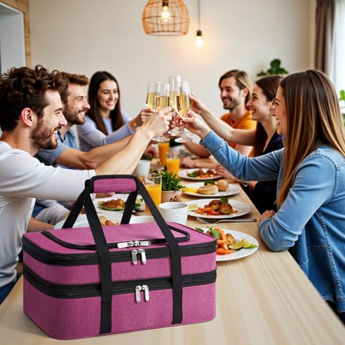 Insulated Double Casserole Carrier - Portable Casserole Carriers for Hot or Cold Food Lunch Tote Warmer or Cooler Bag for Potluck Parties Picnic Cookouts, Fits 9" x 13" Baking Dish - Pink - color: Pink