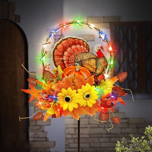 Solar Thanksgiving Turkey Outdoor Decor with Multi-Colorful Lights,Fall Yard Sign Garden Stake for Pathway,Patio or Farmhouse Porch - color: Turkey